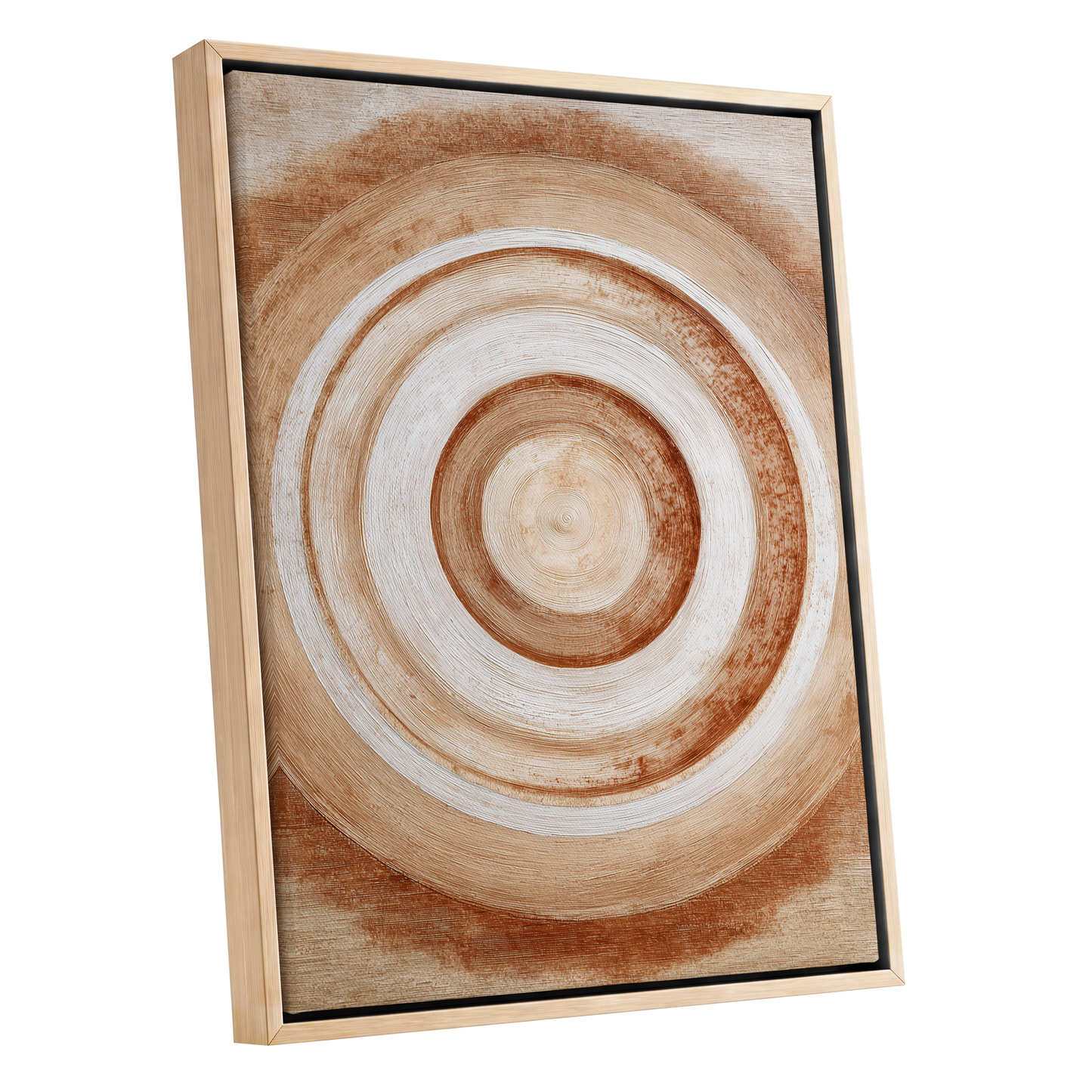 Earthen Resonance, brown, beige, white abstract wall art shown as a oak framed canvas wall art