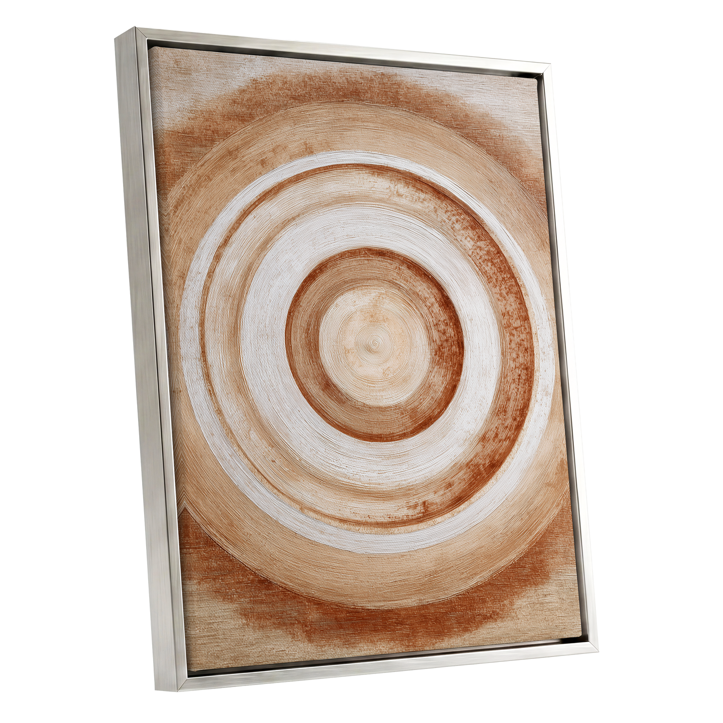 Earthen Resonance, brown, beige, white abstract wall art shown as a silver framed canvas wall art