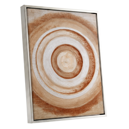 Earthen Resonance, brown, beige, white abstract wall art shown as a silver framed canvas wall art