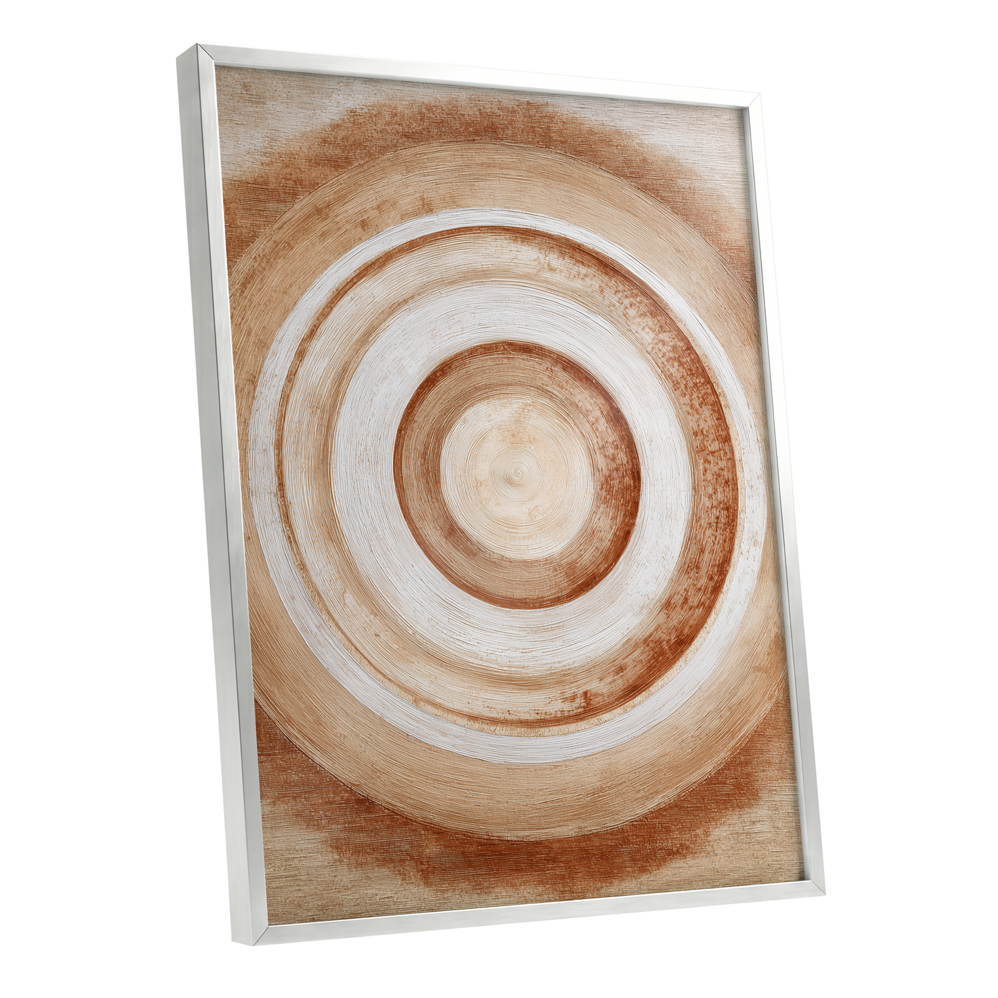Earthen Resonance, brown, beige, white abstract wall art shown as a silver framed poster wall art print