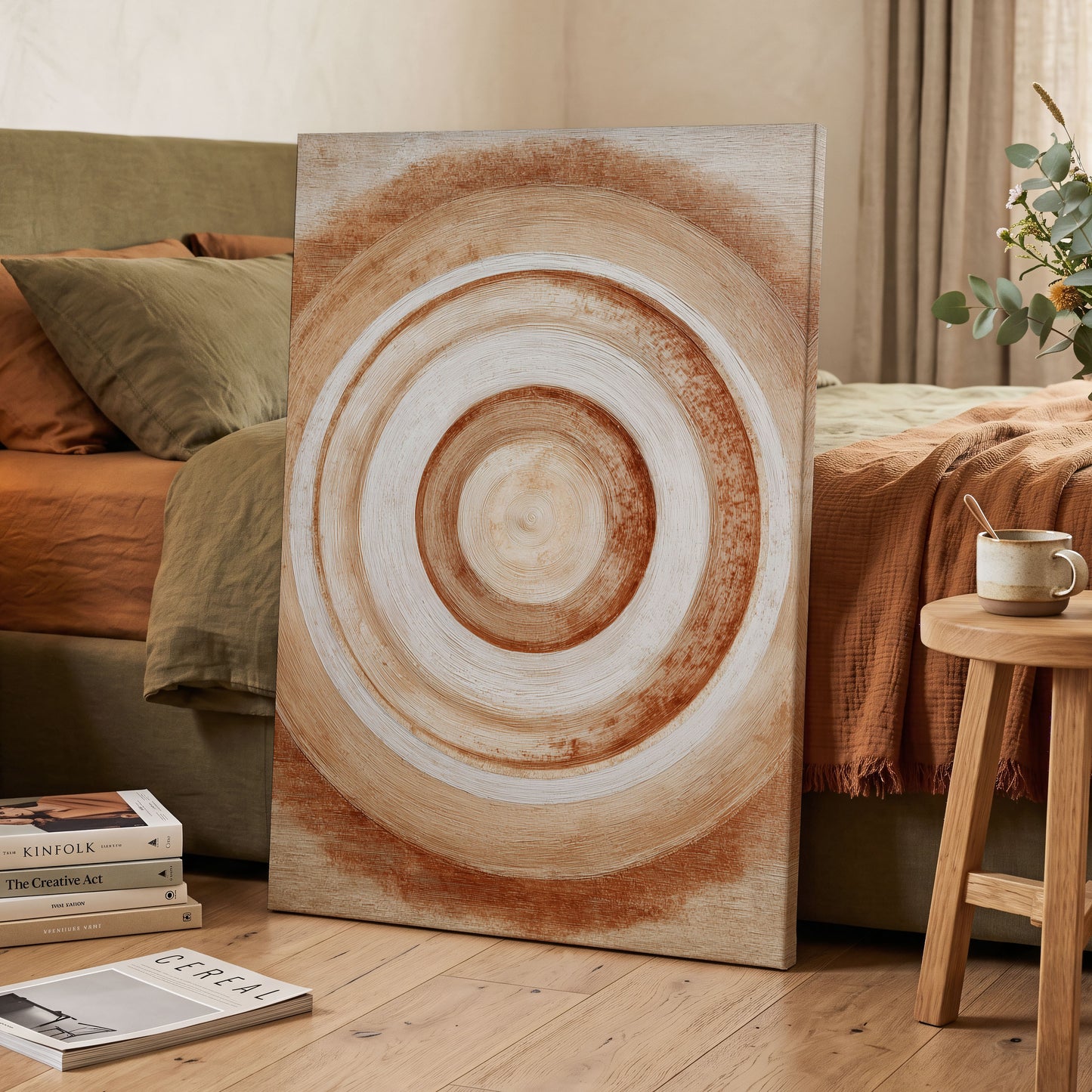 Earthen Resonance, brown, beige, white abstract wall art displayed in a styled interior, gallery view 3