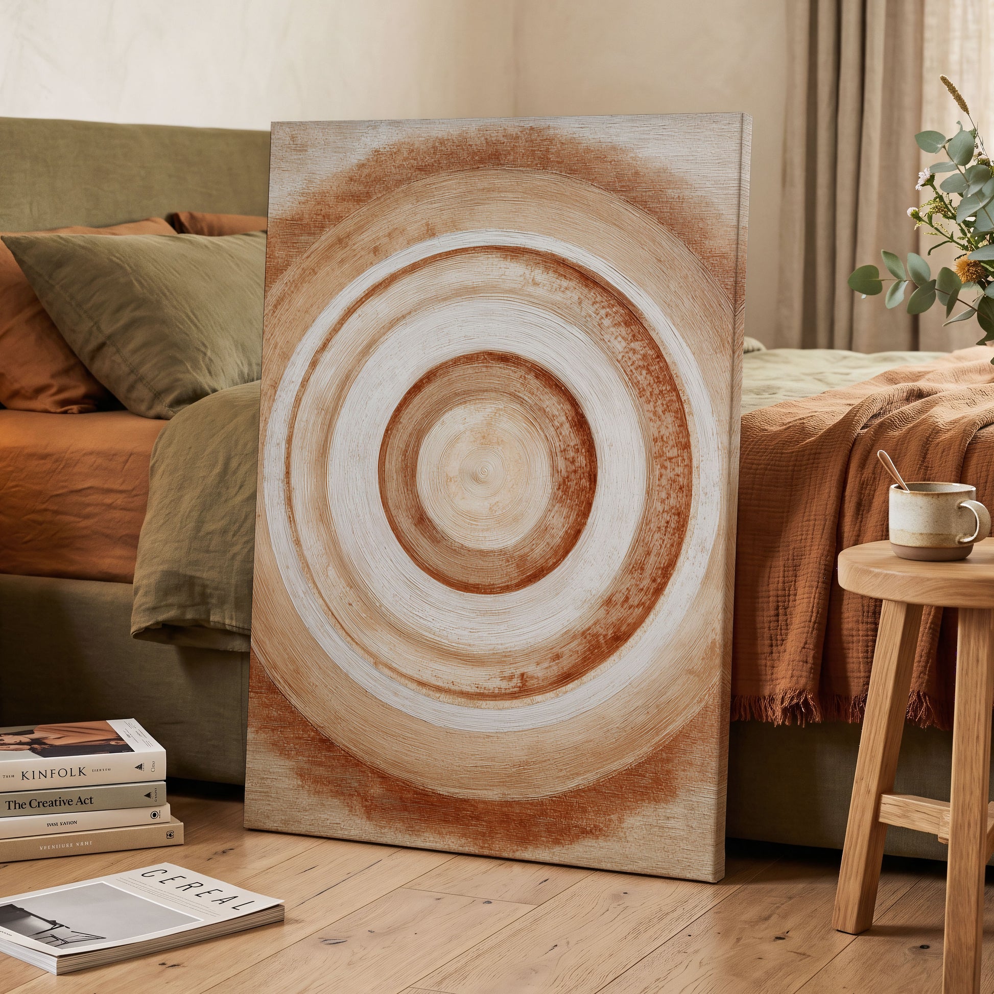 Earthen Resonance, brown, beige, white abstract wall art displayed in a styled interior, gallery view 3