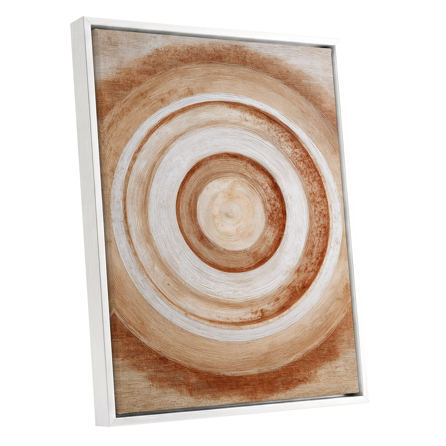 Earthen Resonance, brown, beige, white abstract wall art shown as a white framed canvas wall art