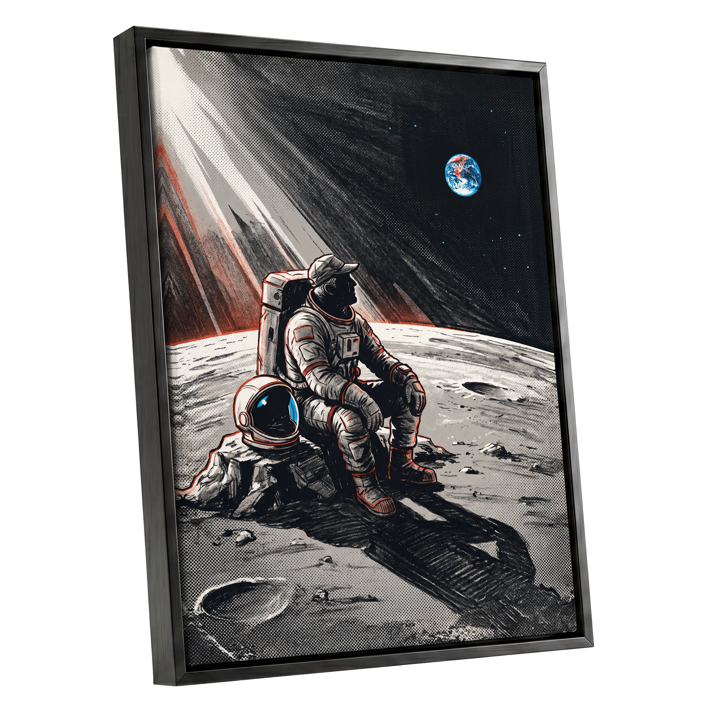 Earthrise Solitude, black, white, gray minimalist wall art shown as a black framed canvas wall art