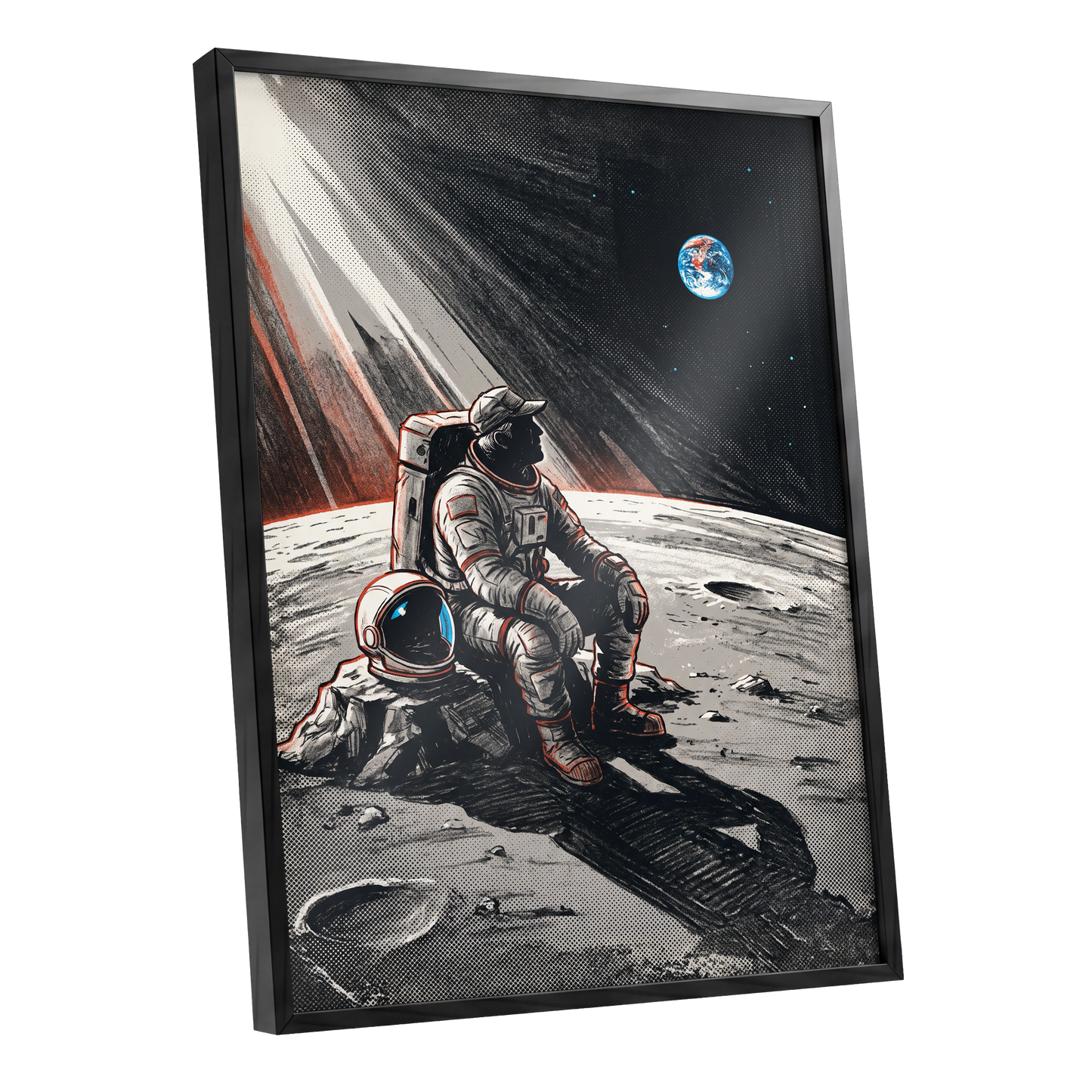 Earthrise Solitude, black, white, gray minimalist wall art shown as a black framed poster wall art print