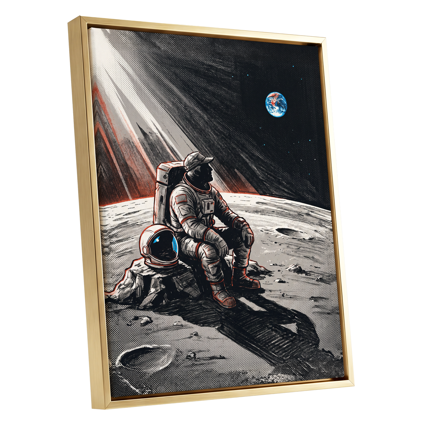Earthrise Solitude, black, white, gray minimalist wall art shown as a gold framed canvas wall art