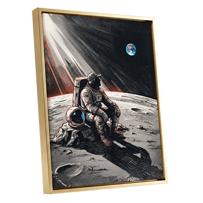 Earthrise Solitude, black, white, gray minimalist wall art shown as a gold framed canvas wall art