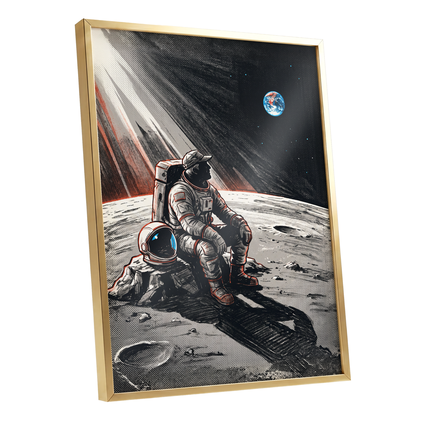 Earthrise Solitude, black, white, gray minimalist wall art shown as a gold framed poster wall art print