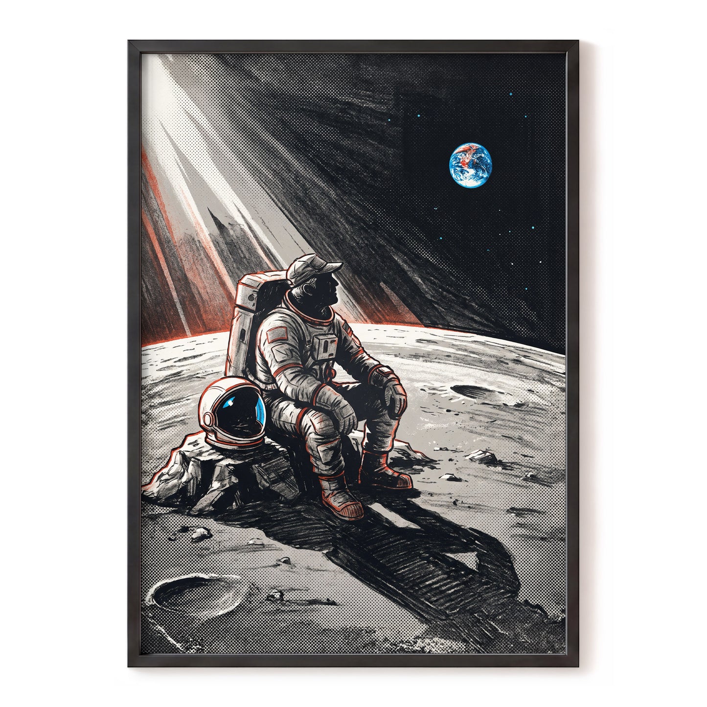 Earthrise Solitude, black, white, gray minimalist wall art, front artwork view