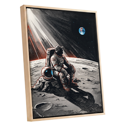 Earthrise Solitude, black, white, gray minimalist wall art shown as a oak framed canvas wall art
