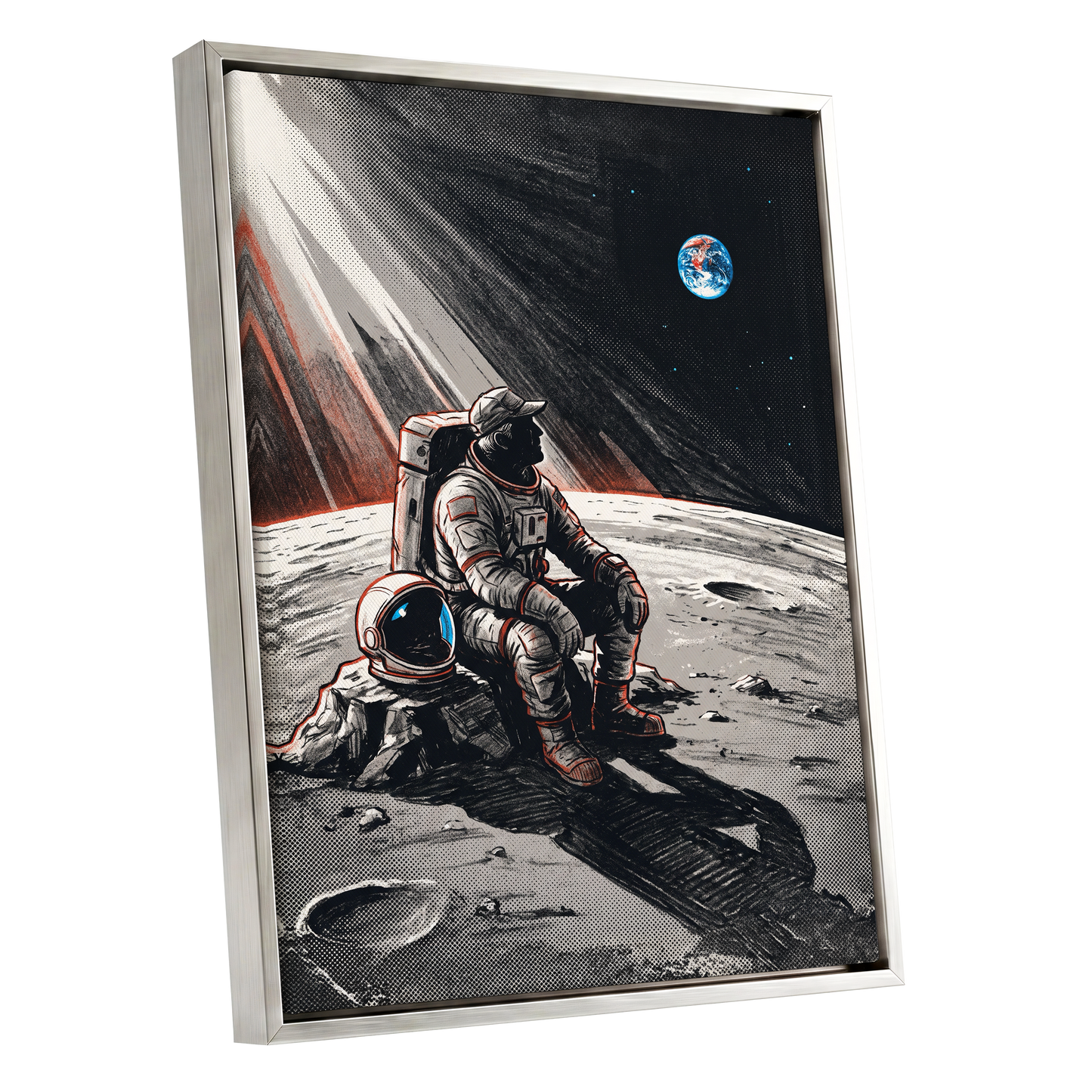 Earthrise Solitude, black, white, gray minimalist wall art shown as a silver framed canvas wall art