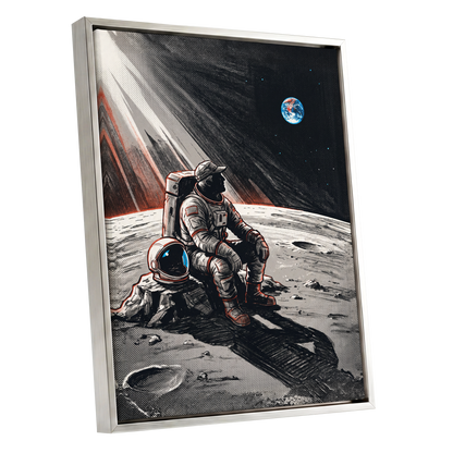 Earthrise Solitude, black, white, gray minimalist wall art shown as a silver framed canvas wall art
