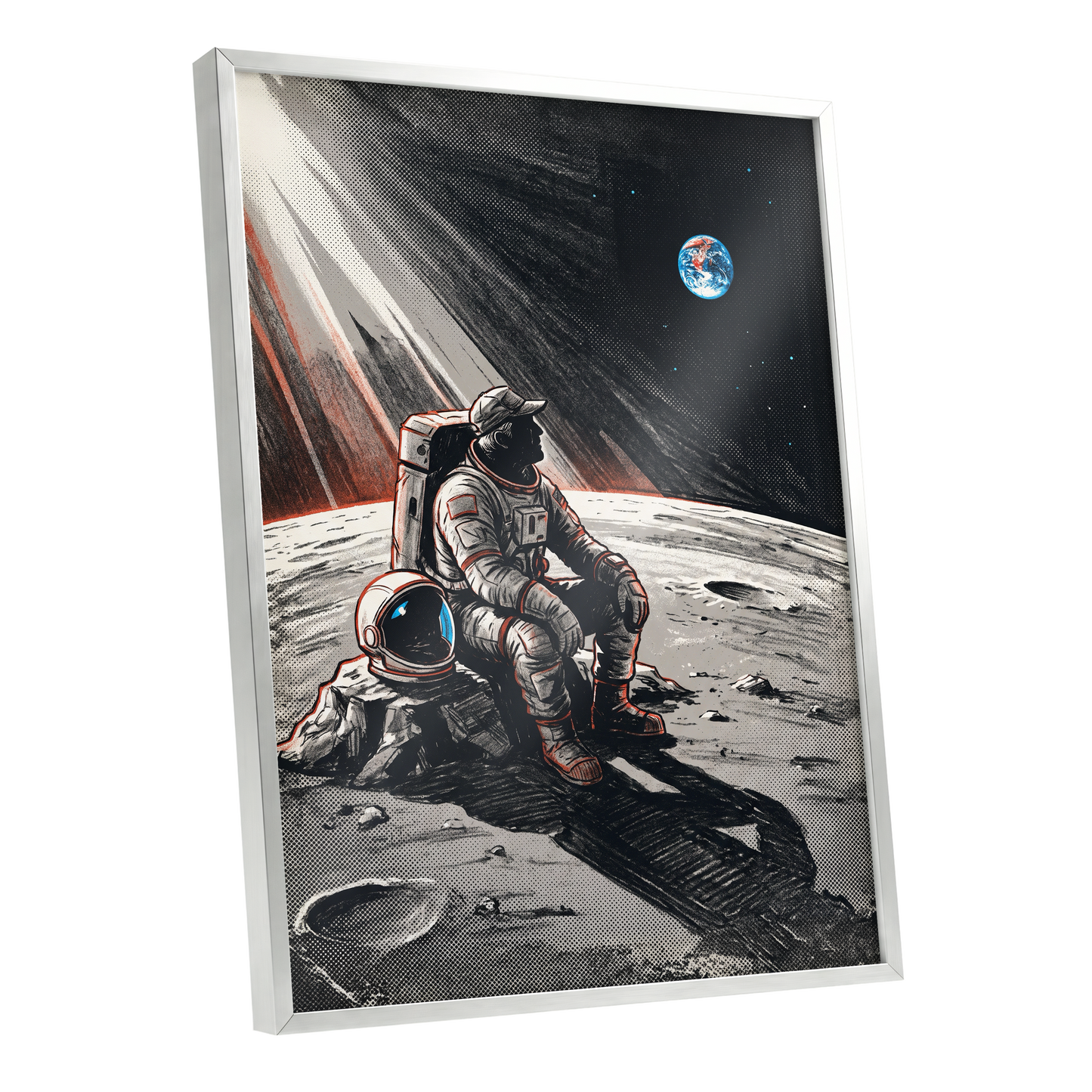 Earthrise Solitude, black, white, gray minimalist wall art shown as a silver framed poster wall art print