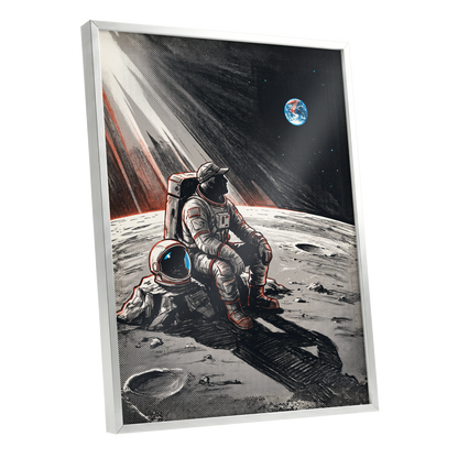 Earthrise Solitude, black, white, gray minimalist wall art shown as a silver framed poster wall art print