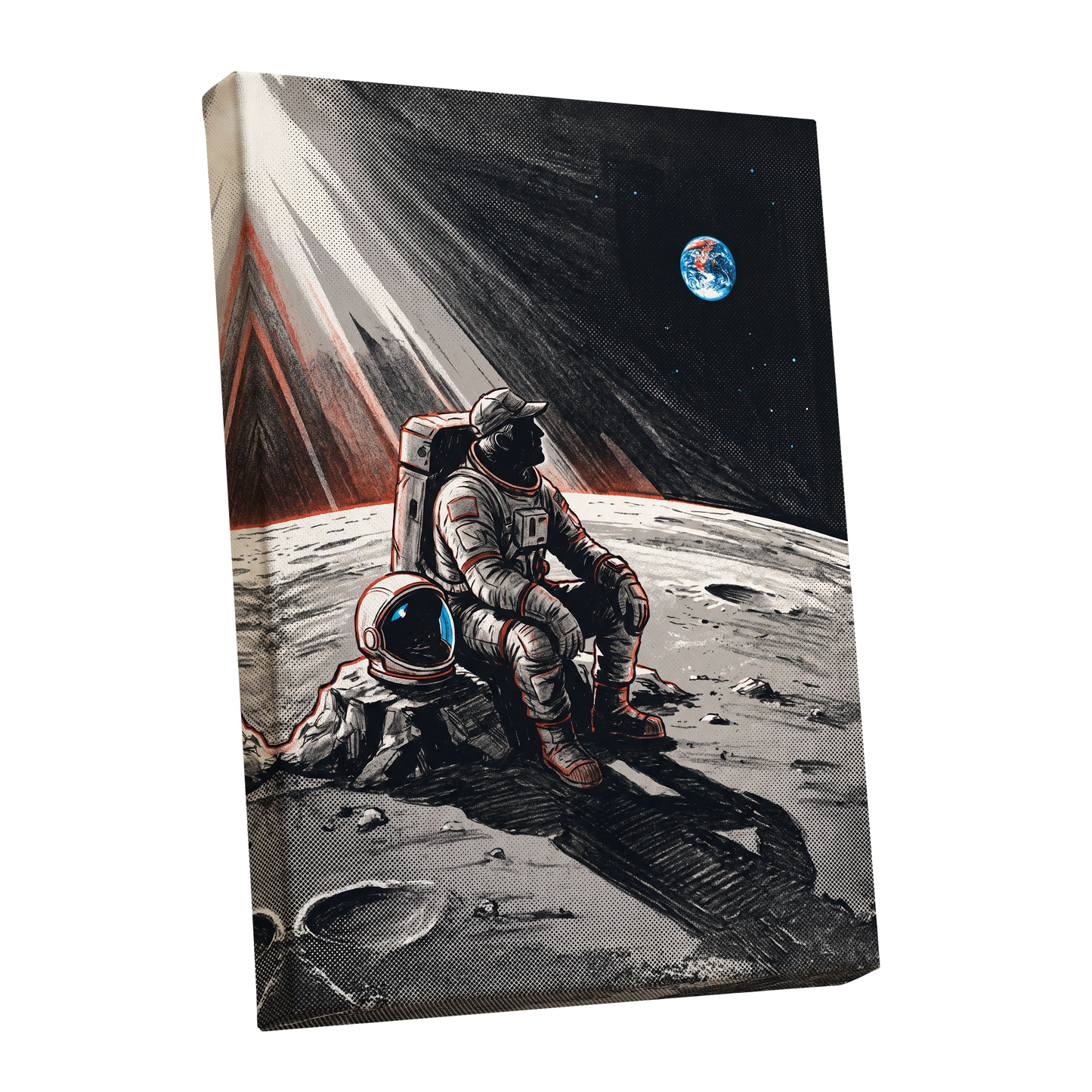 Earthrise Solitude, black, white, gray minimalist wall art shown as a stretched canvas wall art