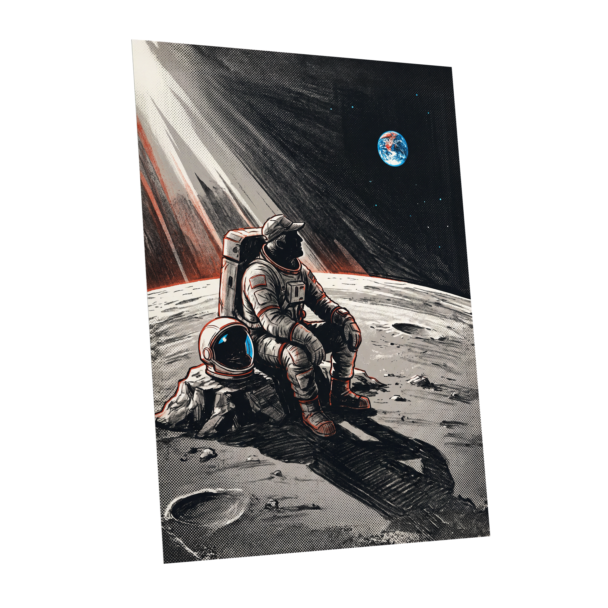 Earthrise Solitude, black, white, gray minimalist wall art shown as a unframed poster wall art print