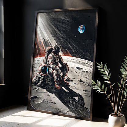Earthrise Solitude, black, white, gray minimalist wall art displayed in a styled interior, gallery view 2