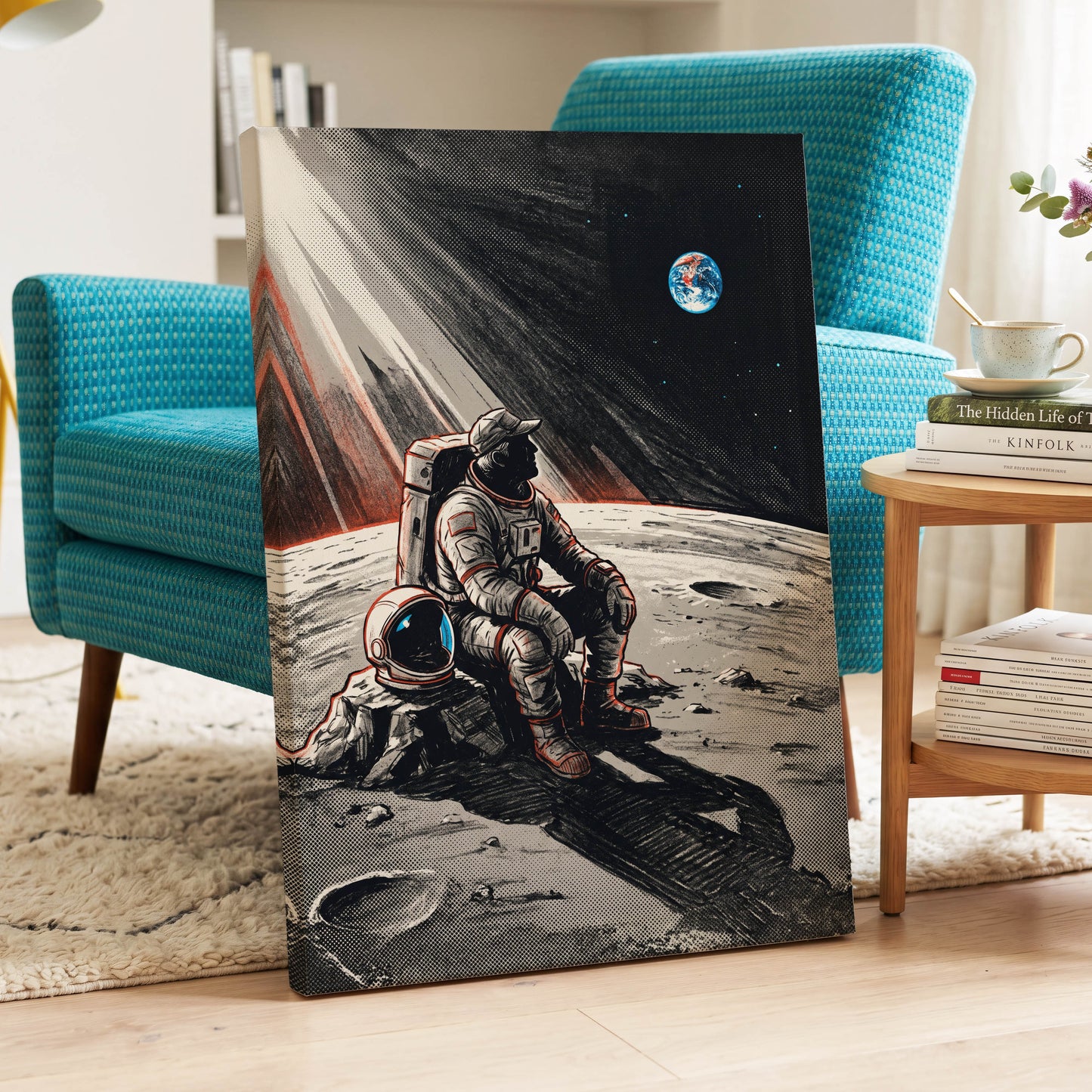 Earthrise Solitude, black, white, gray minimalist wall art displayed in a styled interior, gallery view 3