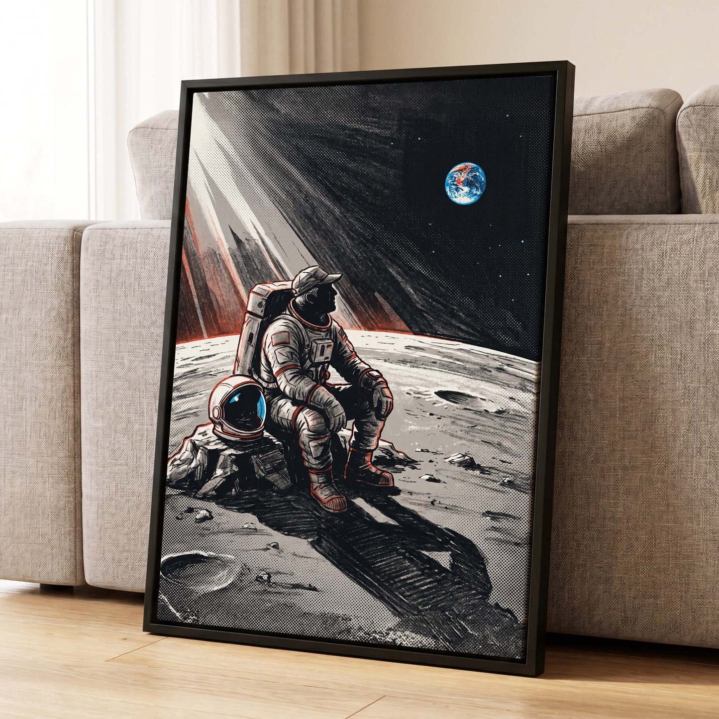 Earthrise Solitude, black, white, gray minimalist wall art displayed in a styled interior, gallery view 4