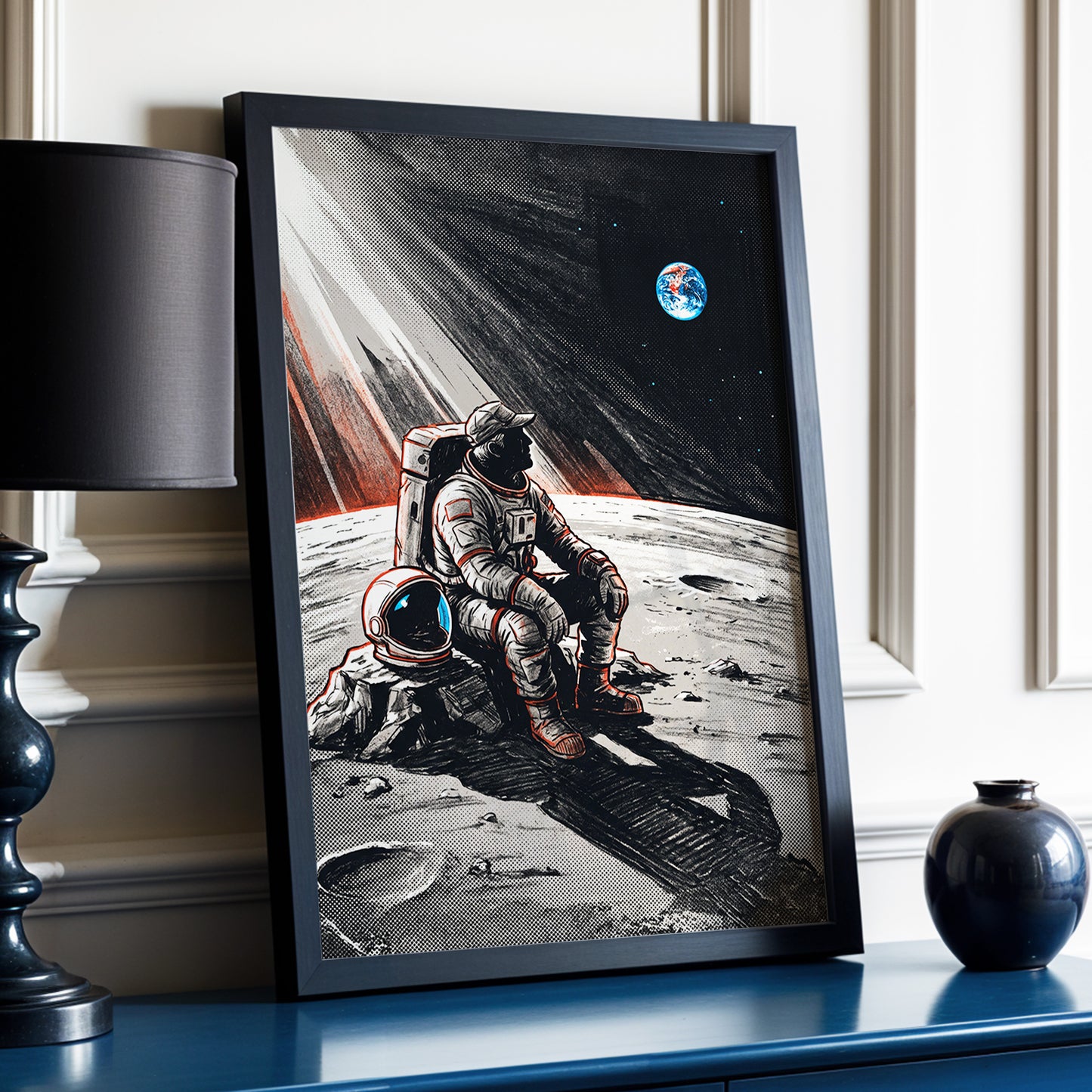 Earthrise Solitude, black, white, gray minimalist wall art displayed in a styled interior, gallery view 6