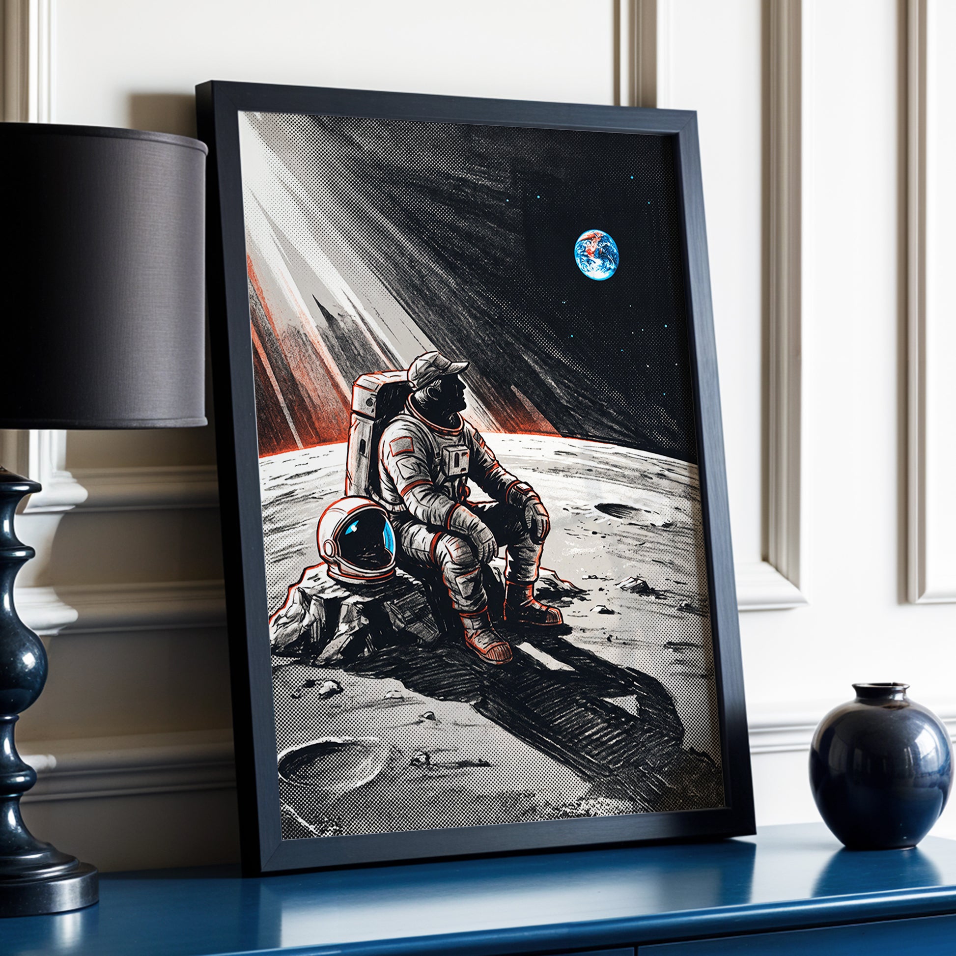 Earthrise Solitude, black, white, gray minimalist wall art displayed in a styled interior, gallery view 6