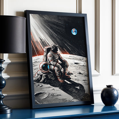 Earthrise Solitude, black, white, gray minimalist wall art displayed in a styled interior, gallery view 6