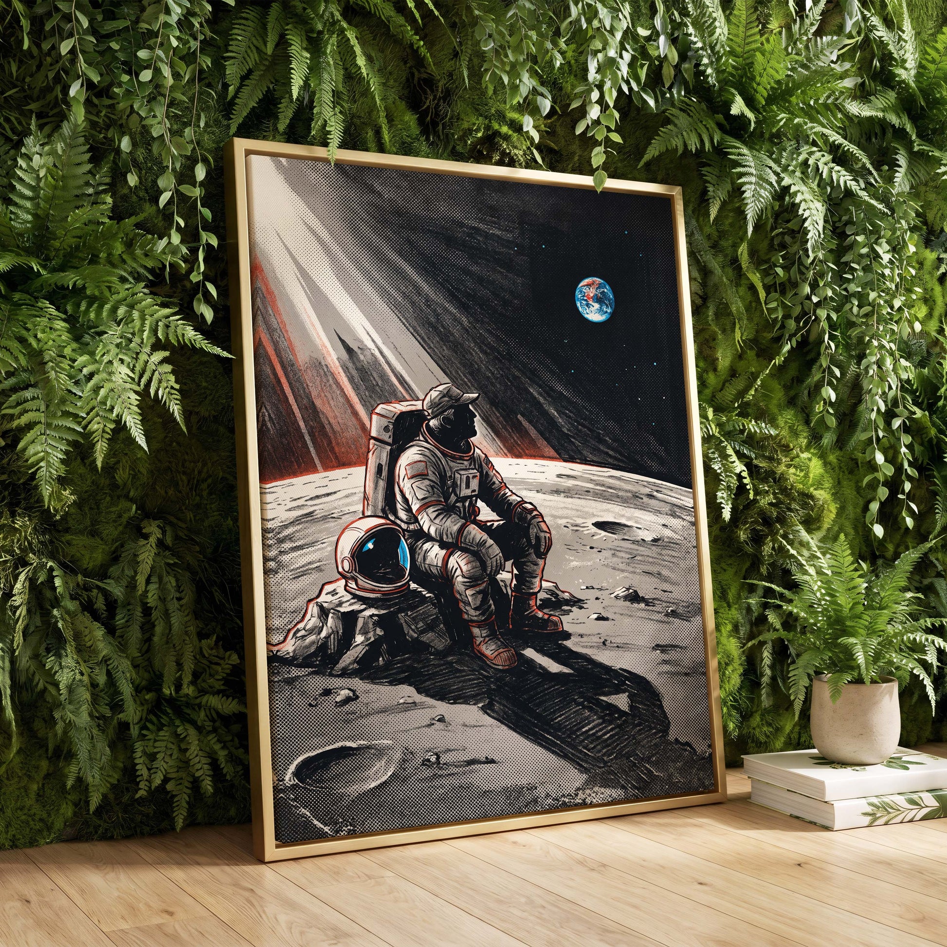 Earthrise Solitude, black, white, gray minimalist wall art displayed in a styled interior, gallery view 8