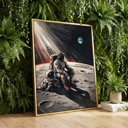 Earthrise Solitude, black, white, gray minimalist wall art displayed in a styled interior, gallery view 8