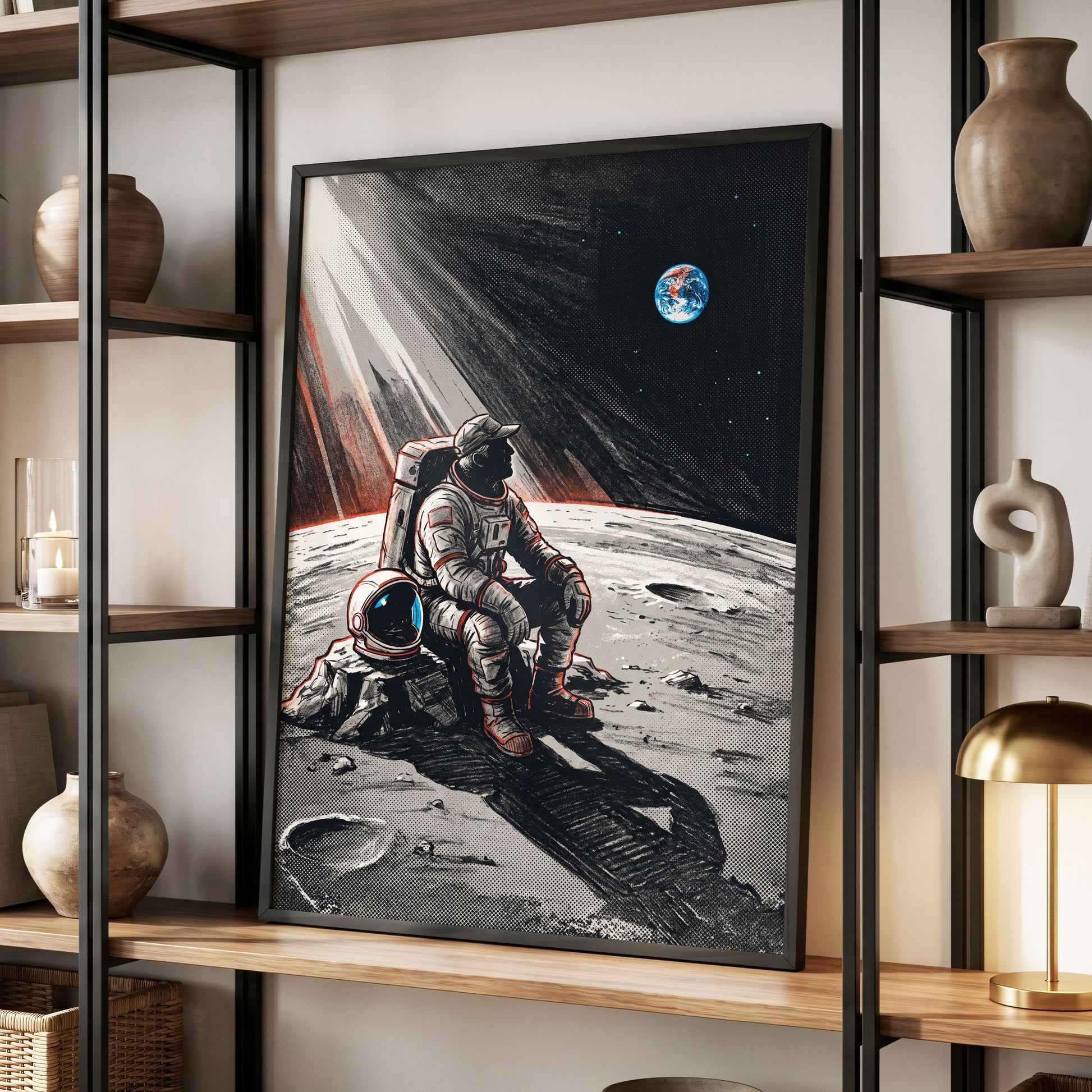 Earthrise Solitude, black, white, gray minimalist wall art displayed in a styled interior, gallery view 9