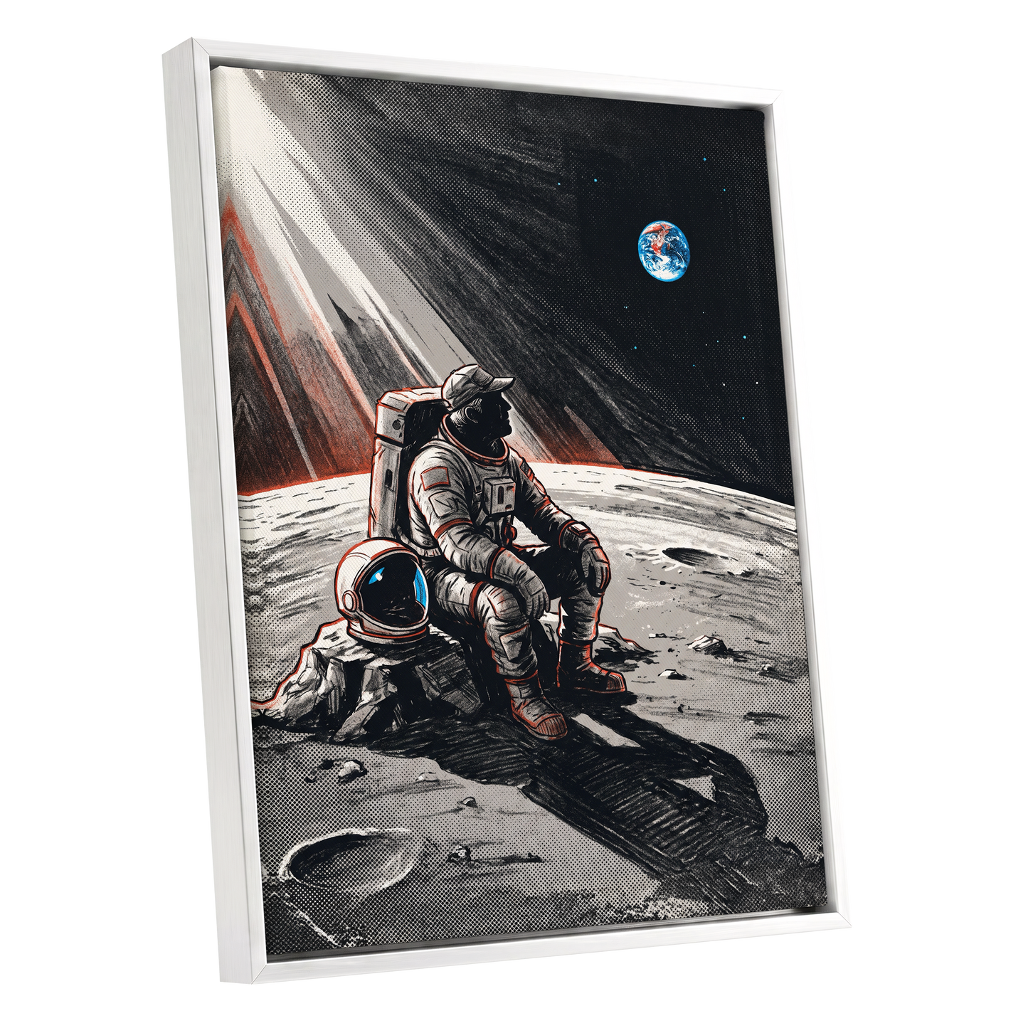 Earthrise Solitude, black, white, gray minimalist wall art shown as a white framed canvas wall art