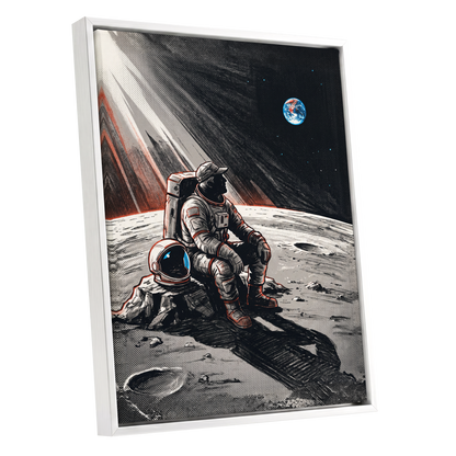 Earthrise Solitude, black, white, gray minimalist wall art shown as a white framed canvas wall art