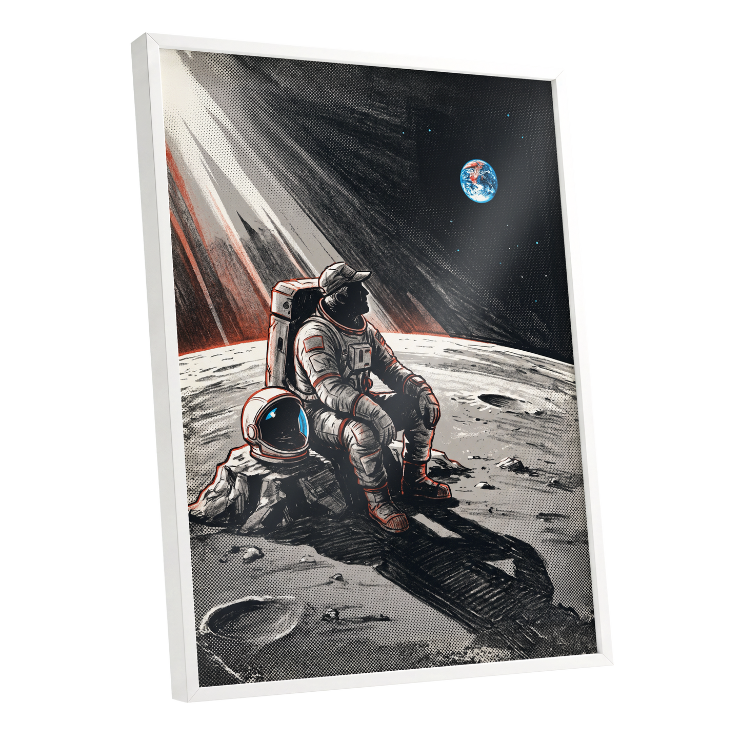 Earthrise Solitude, black, white, gray minimalist wall art shown as a white framed poster wall art print