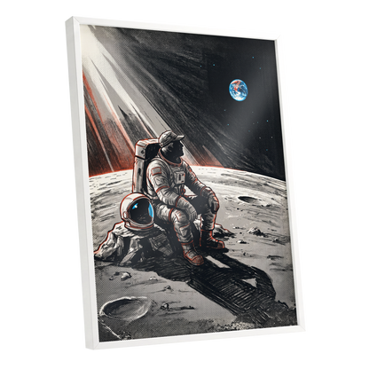 Earthrise Solitude, black, white, gray minimalist wall art shown as a white framed poster wall art print