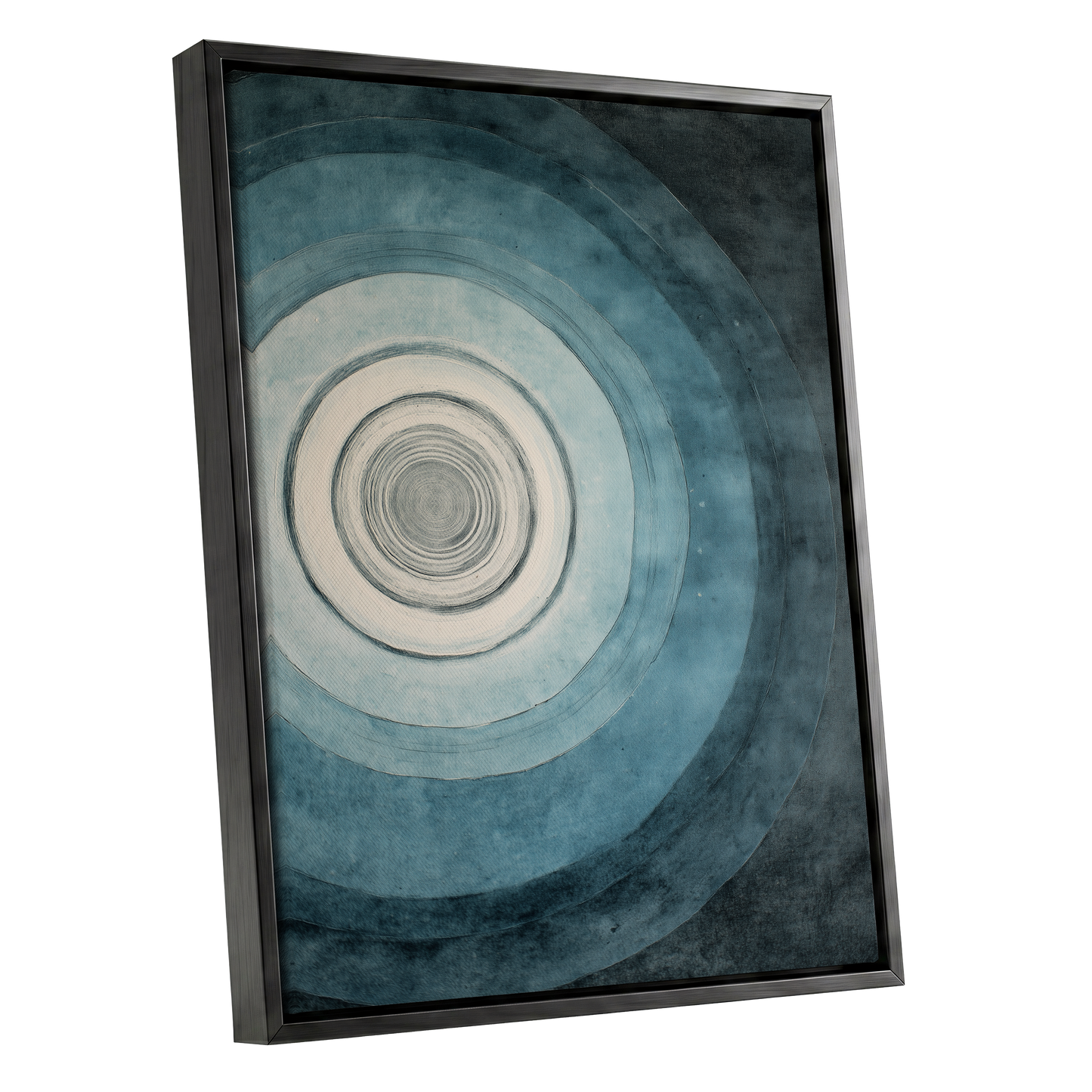 Echoes in Blue, blue, black, white abstract wall art shown as a black framed canvas wall art