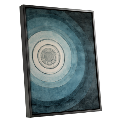 Echoes in Blue, blue, black, white abstract wall art shown as a black framed canvas wall art
