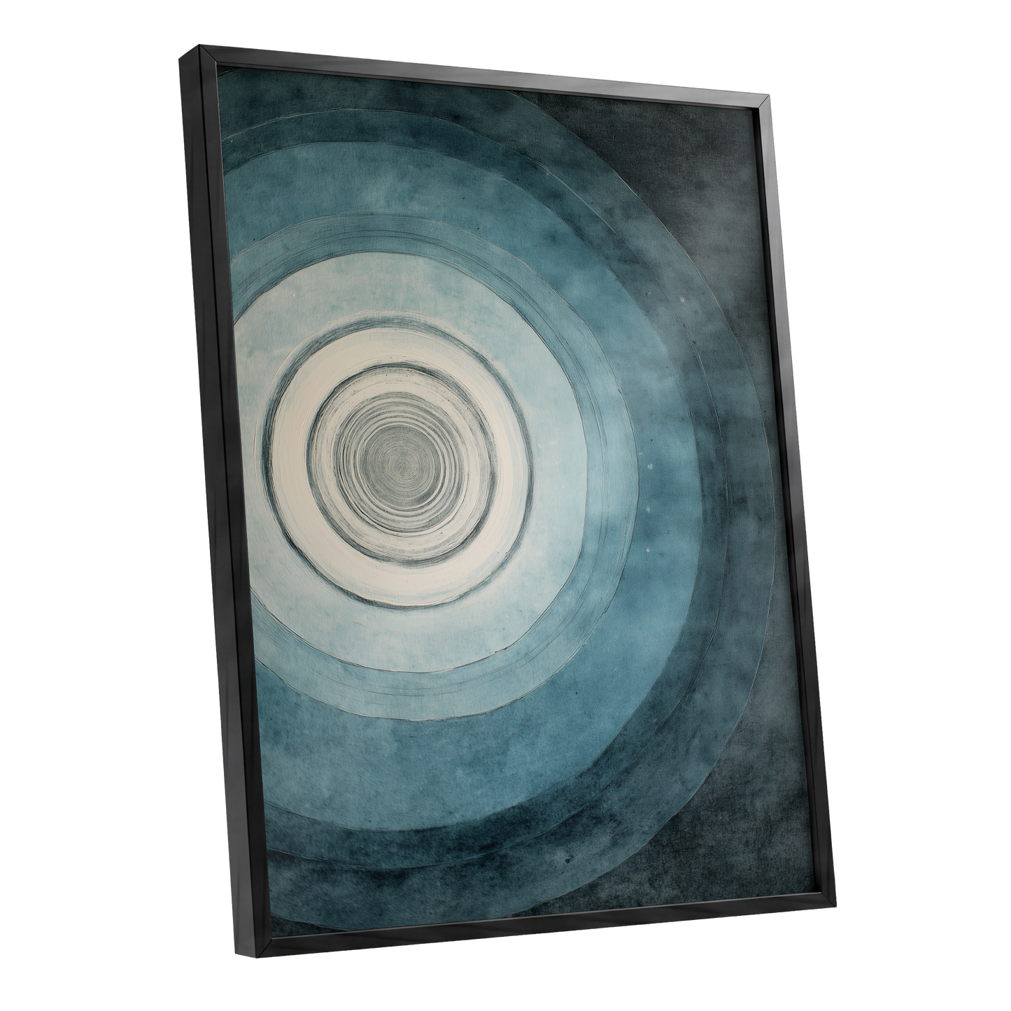 Echoes in Blue, blue, black, white abstract wall art shown as a black framed poster wall art print