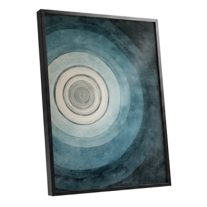 Echoes in Blue, blue, black, white abstract wall art shown as a black framed poster wall art print