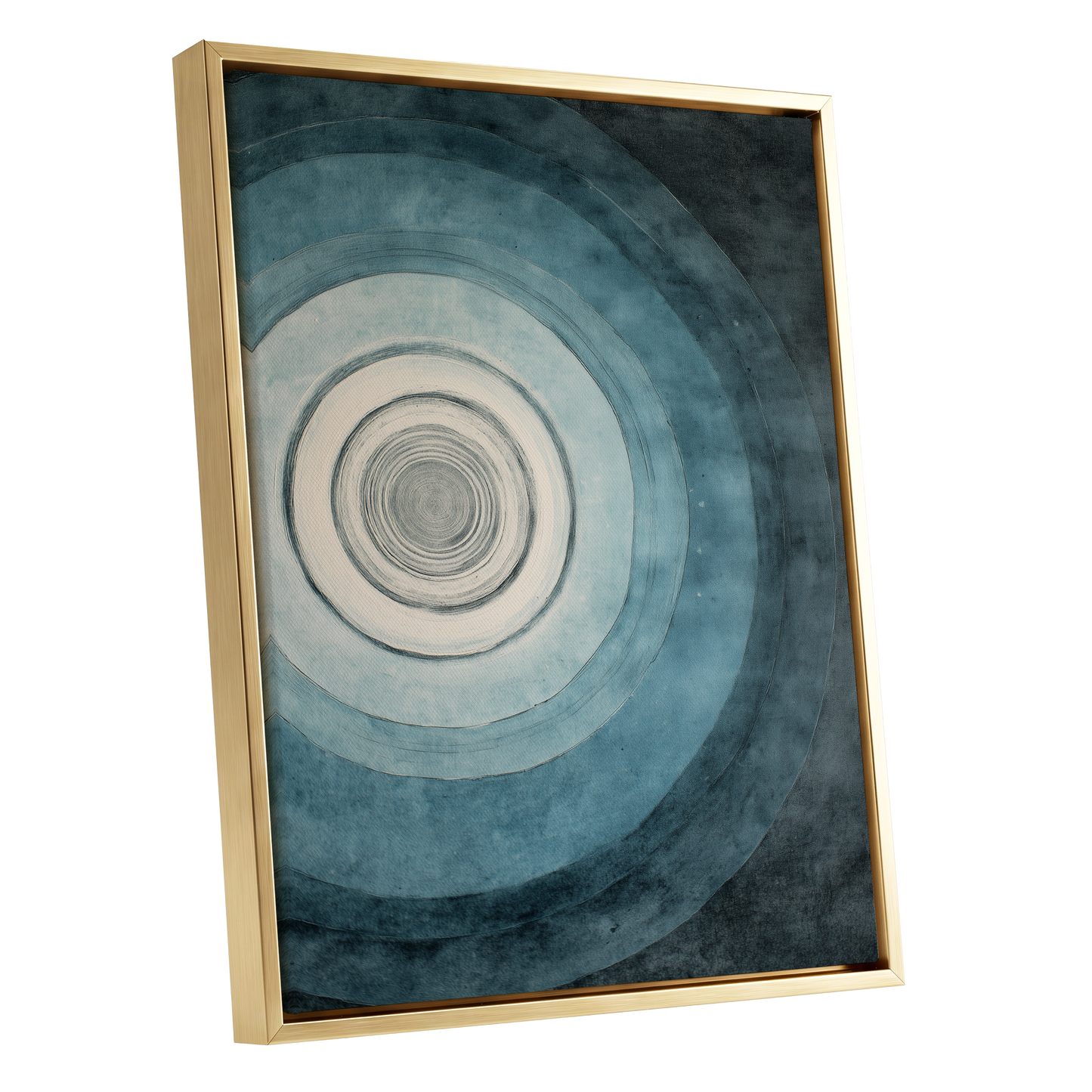 Echoes in Blue, blue, black, white abstract wall art shown as a gold framed canvas wall art