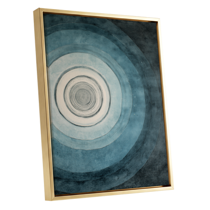 Echoes in Blue, blue, black, white abstract wall art shown as a gold framed canvas wall art