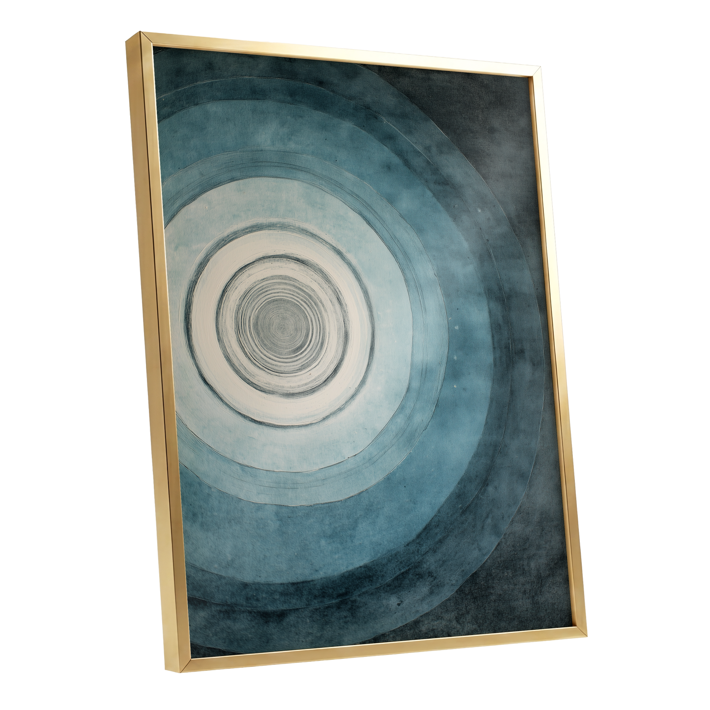 Echoes in Blue, blue, black, white abstract wall art shown as a gold framed poster wall art print