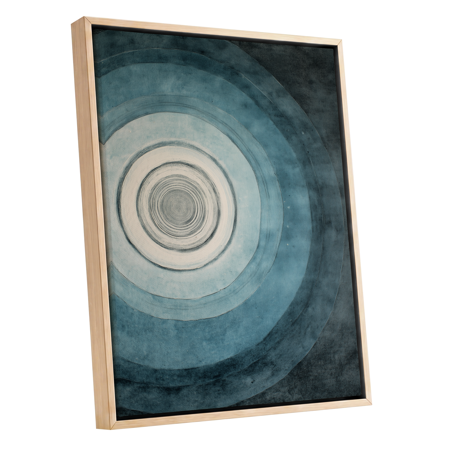 Echoes in Blue, blue, black, white abstract wall art shown as a oak framed canvas wall art