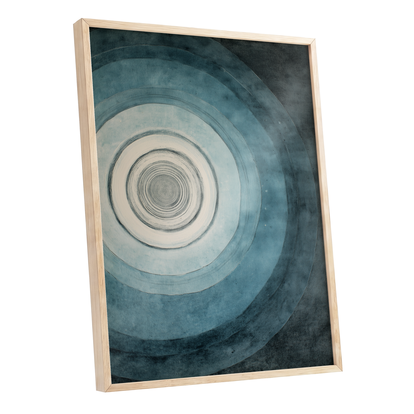 Echoes in Blue, blue, black, white abstract wall art shown as a oak framed poster wall art print