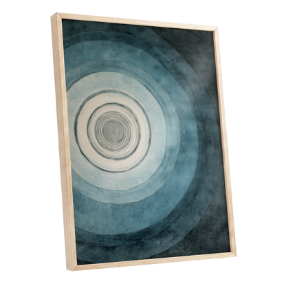 Echoes in Blue, blue, black, white abstract wall art shown as a oak framed poster wall art print