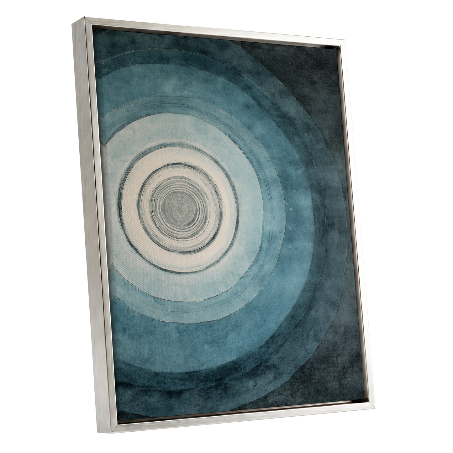 Echoes in Blue, blue, black, white abstract wall art shown as a silver framed canvas wall art