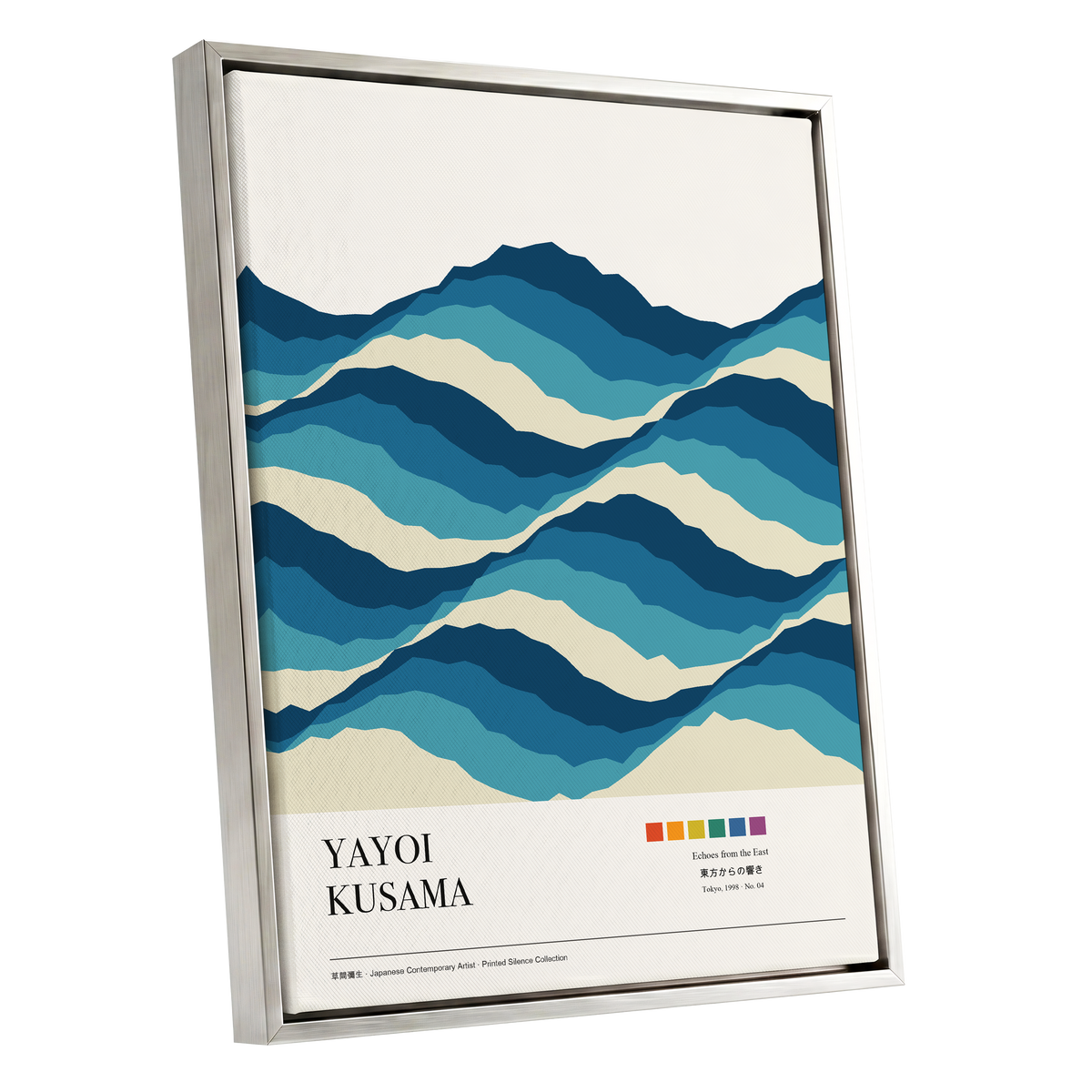 Echoes in Blue, blue, beige, white nature wall art shown as a silver framed canvas wall art
