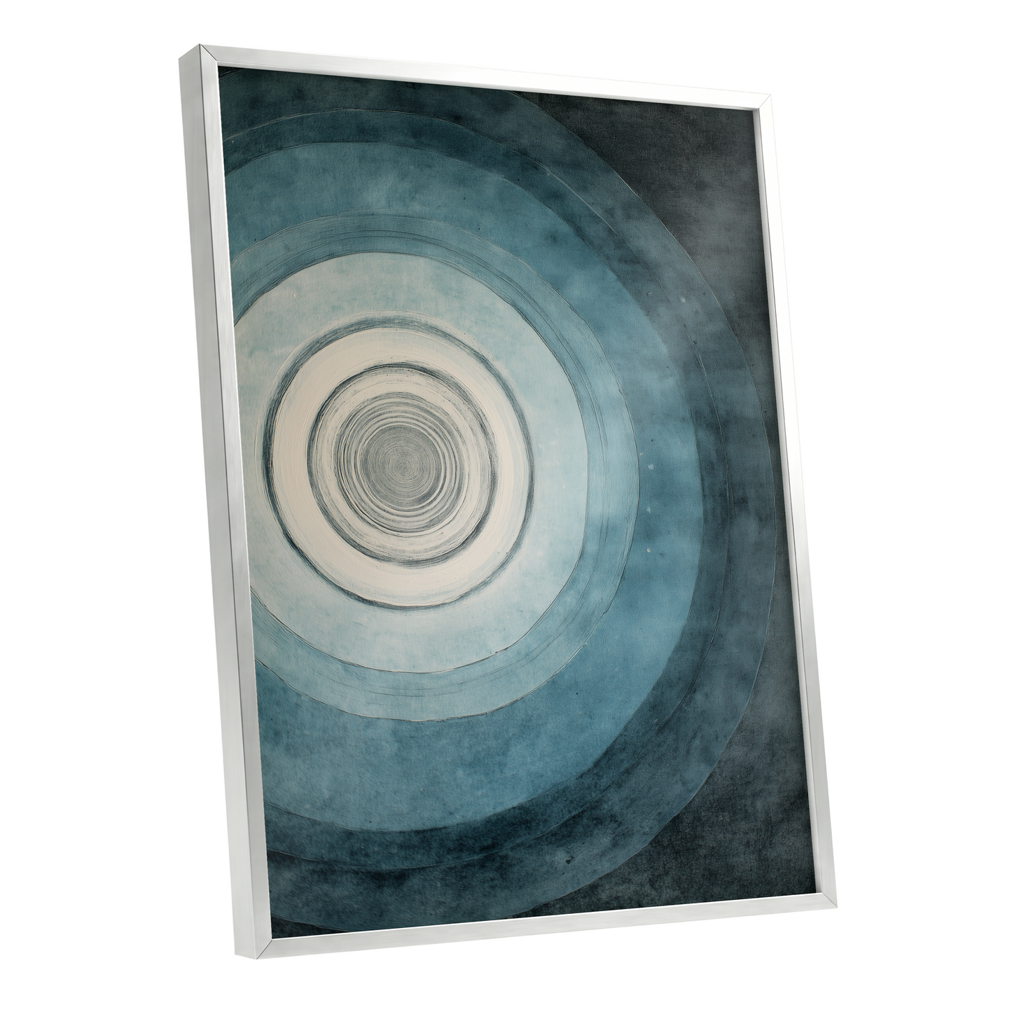 Echoes in Blue, blue, black, white abstract wall art shown as a silver framed poster wall art print