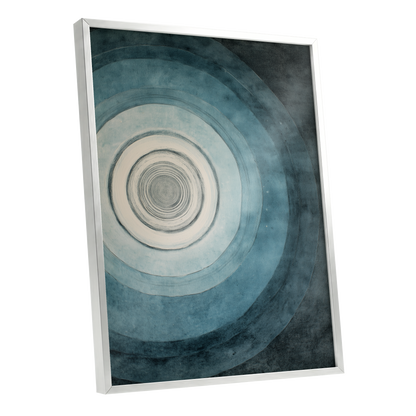 Echoes in Blue, blue, black, white abstract wall art shown as a silver framed poster wall art print
