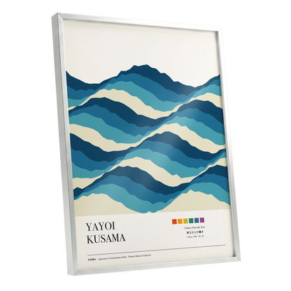 Echoes in Blue, blue, beige, white nature wall art shown as a silver framed poster wall art print