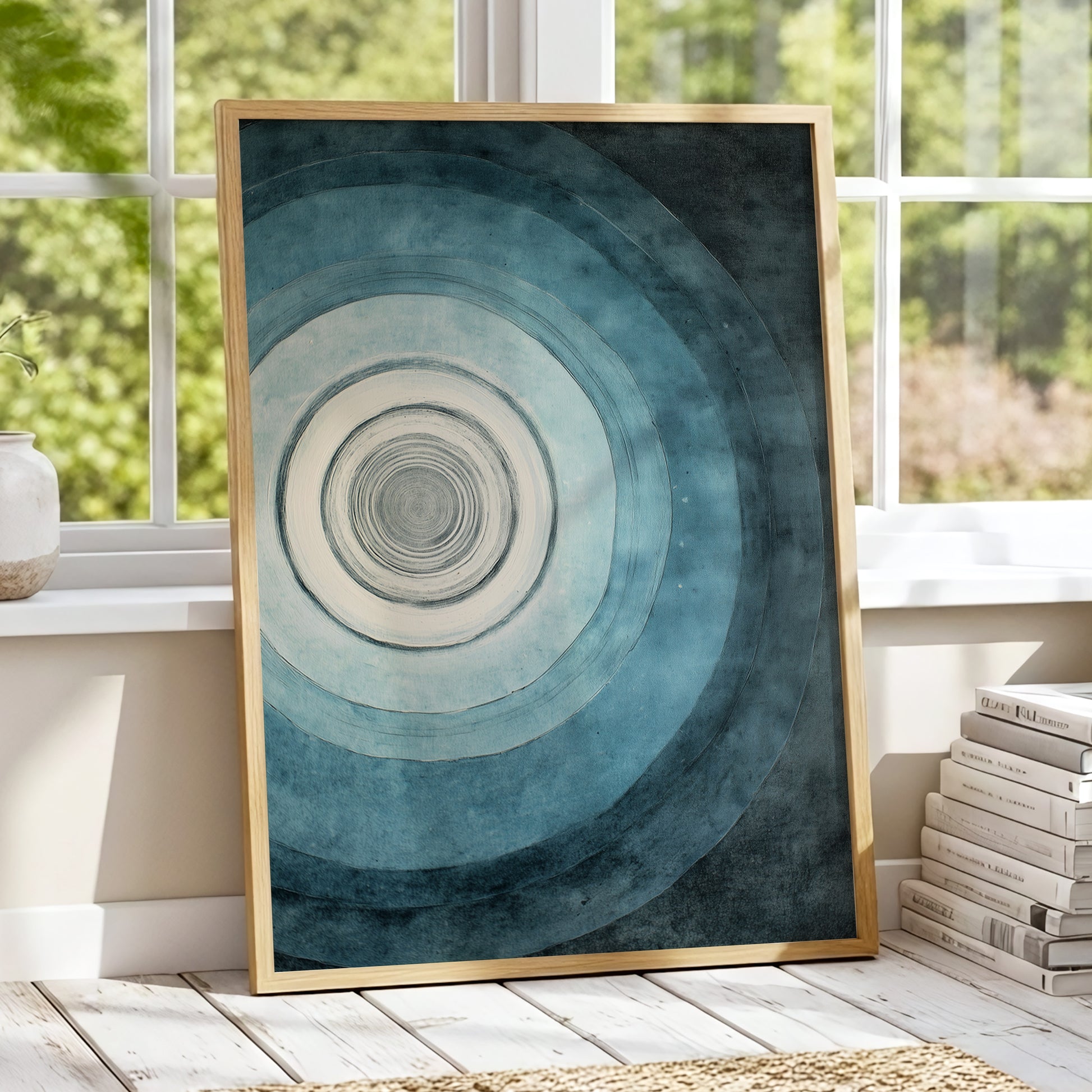 Echoes in Blue, blue, black, white abstract wall art displayed in a styled interior, gallery view 2