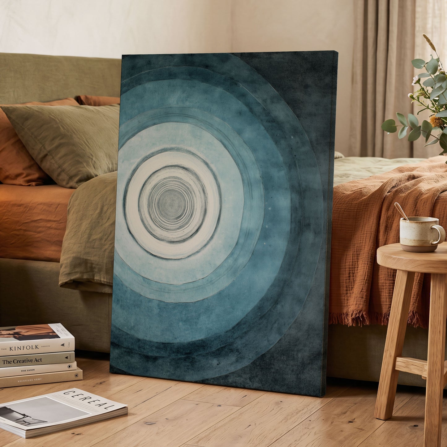 Echoes in Blue, blue, black, white abstract wall art displayed in a styled interior, gallery view 3